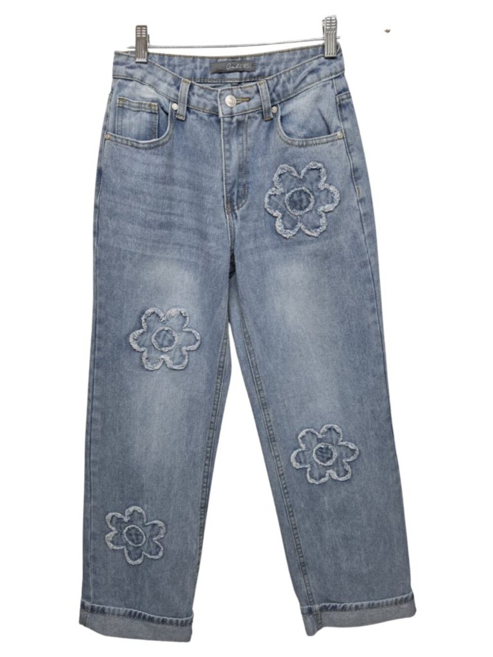 Cali 1850 Jeans Floral Patchwork Denim 26x28 Cuffed Hems Boho Festival Hippie